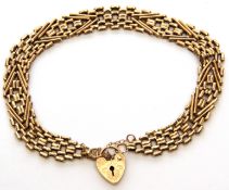 Vintage 9ct gold fancy bracelet, a meshwork and V bar design, with safety chain and heart padlock