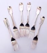 Matched set of six late Georgian/Victorian dessert forks in Fiddle pattern, various makers and