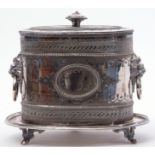 Silver plated oval two-handled biscuit barrel with integral stand applied either side with lion mask