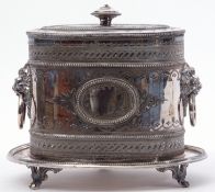 Silver plated oval two-handled biscuit barrel with integral stand applied either side with lion mask