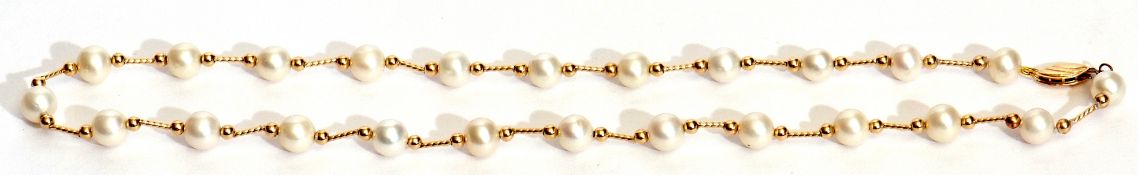 14K stamped and cultured pearl necklace, a uniform bead 6mm diam between rope twist bar and bead