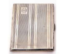 George VI cigarette case of rectangular shape with chamfered edges, banded engine turned decoration,