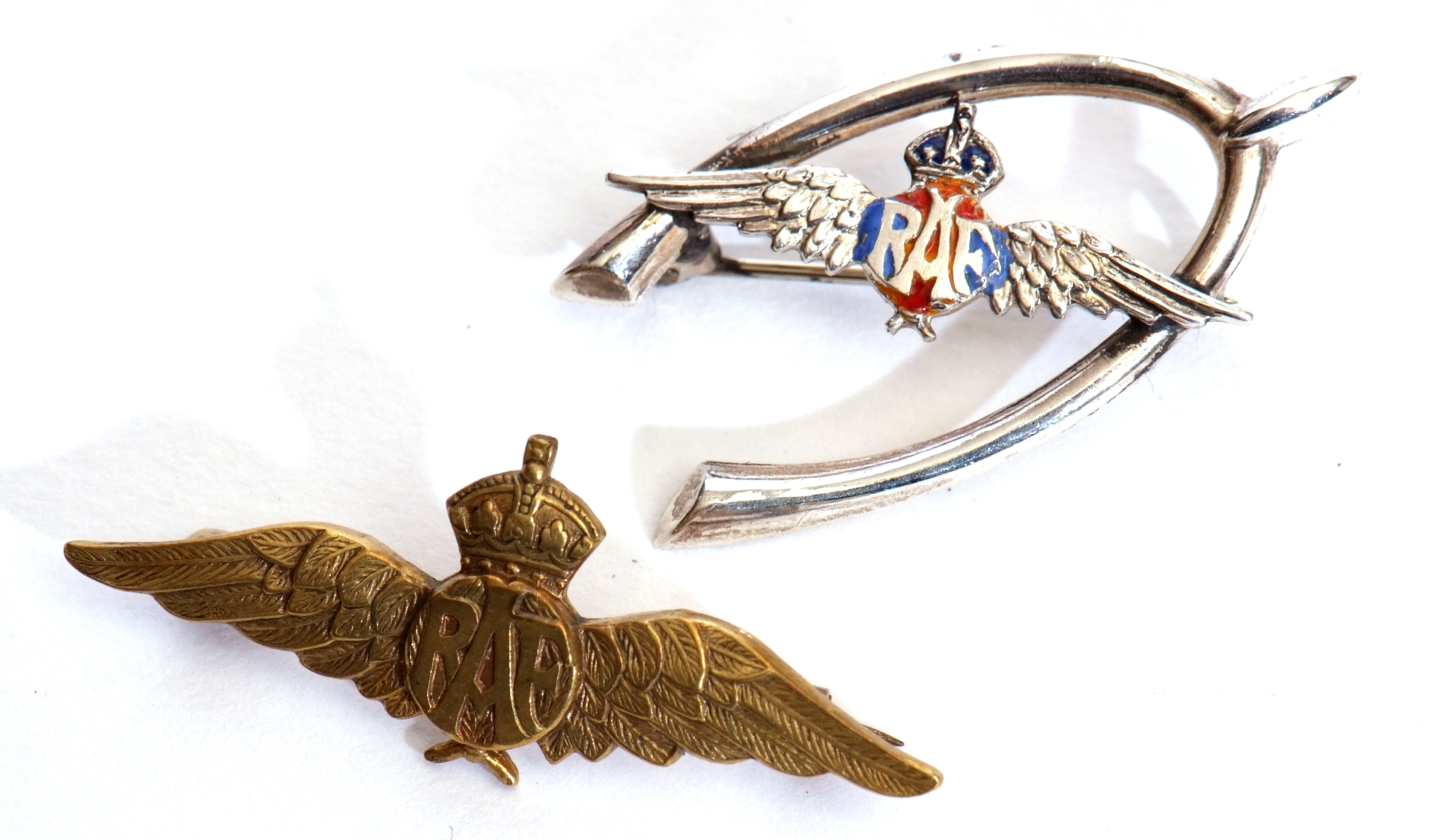 Mixed Lot: RAF wishbone brooch with translucent enamel detail, stamped "silver" together with a gilt