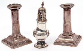 Mixed Lot: pair of Edward VII dressing table candlesticks with scale embossed sloped square loaded