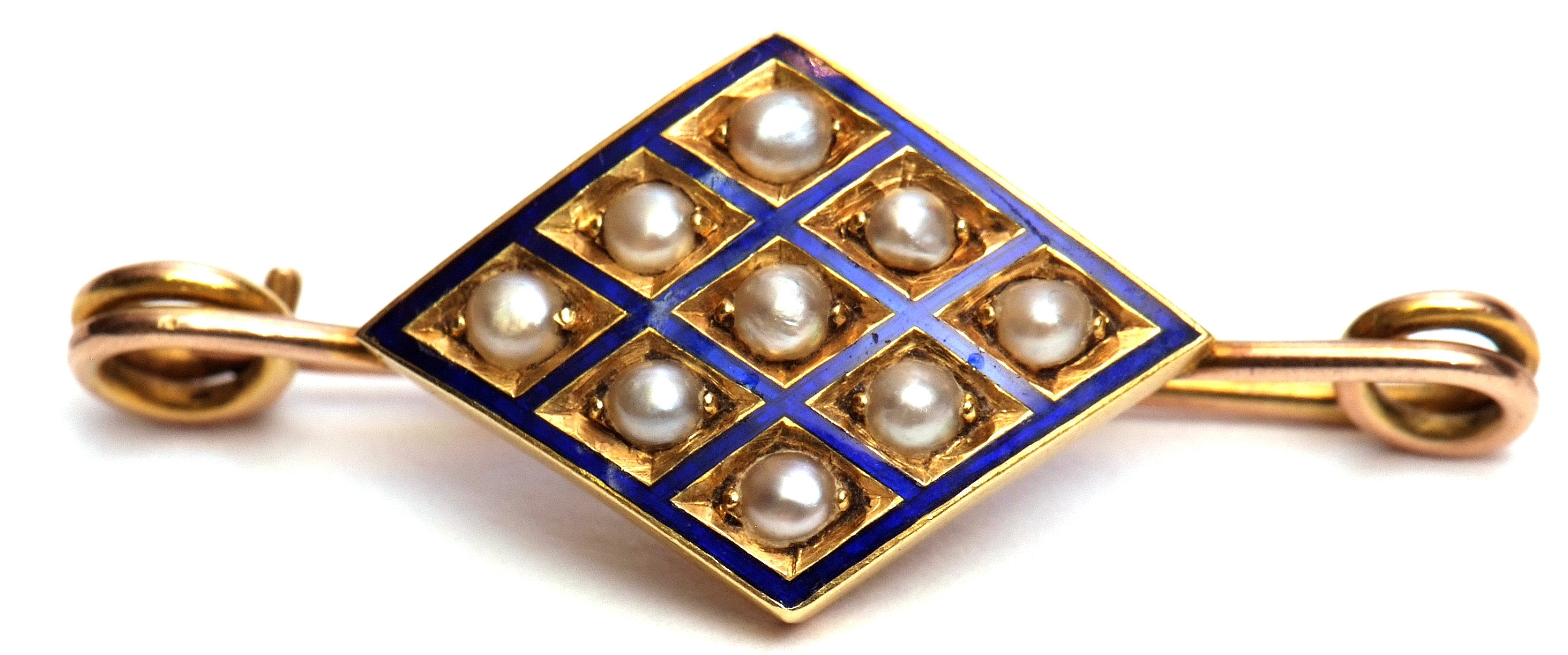 Antique enamel and pearl brooch, the lozenge shaped panel with nine small seed pearls in between