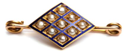 Antique enamel and pearl brooch, the lozenge shaped panel with nine small seed pearls in between