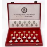 Cased ROYAL SILVER JUBILEE spoons (11), the edition honours the eleven Crowns of Her Majesty Queen