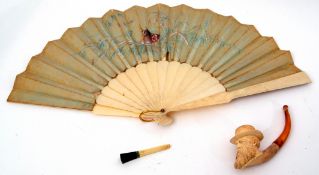 Mixed Lot: early 20th century hand painted silk fan depicting a bullfight (a/f), a leather cased