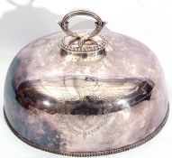 Victorian silver plate meat dome, foliate engraving with twin shield cartouche, gadrooned rim