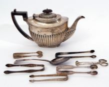 Mixed Lot: Edwardian tea pot of oval half fluted design with angular ebonised handle and fluted oval