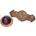Mixed Lot: antique purple stone brooch of circular shape in an ornate gilt metal mount, verso with