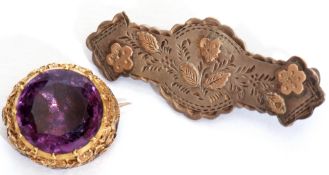 Mixed Lot: antique purple stone brooch of circular shape in an ornate gilt metal mount, verso with