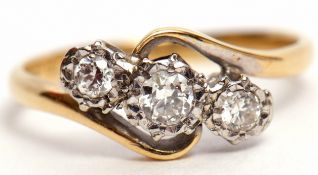 Edwardian 18ct gold and diamond three-stone ring featuring 3 small single cut diamonds, each in star