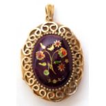 9ct gold and enamel locket, the oval puce coloured enamel cabochon decorated with flowers and