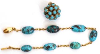 Mixed Lot: natural turquoise bracelet featuring seven graduated stones joined by yellow metal