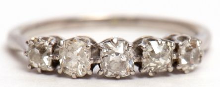 Precious metal five stone diamond ring featuring 5 old cut diamonds, individually claw set and