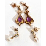 Mixed Lot: two pairs of earrings, one pair amethyst set, the other with a small cultured pearl