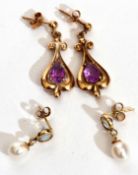 Mixed Lot: two pairs of earrings, one pair amethyst set, the other with a small cultured pearl