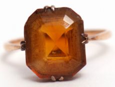 Vintage citrine dress ring of rectangular shape, cardinal set and raised in a 9ct stamped mount,