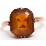 Vintage citrine dress ring of rectangular shape, cardinal set and raised in a 9ct stamped mount,