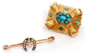 Mixed Lot: Victorian turquoise set brooch of rectangular shape, the verso glazed with oval panel,