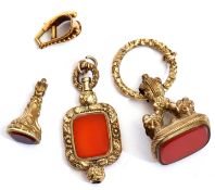 Mixed Lot: antique carnelian fob/seal on a split ring, a gilt metal and carnelian pocket watch key