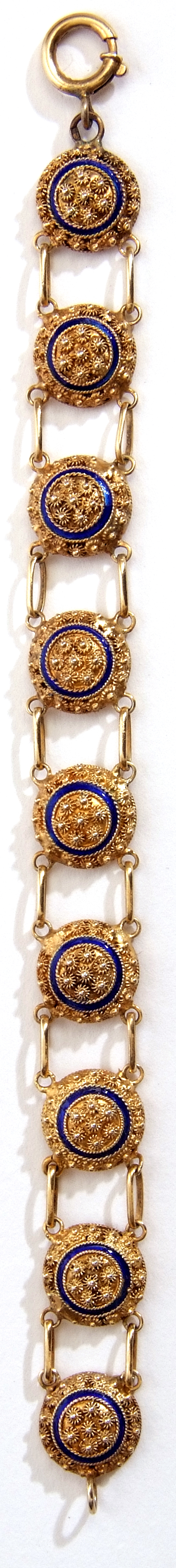 Vintage Portuguese silver gilt and enamel bracelet, a design featuring nine joined circular filigree - Image 3 of 4