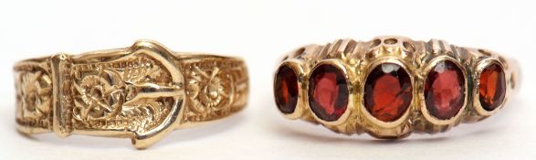 Mixed Lot: 9ct gold 5 stone garnet ring size K, together with a 9ct gold engraved buckle ring size