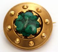 Victorian malachite and gilded brooch, circular shape with green malachite stone centre, the verso