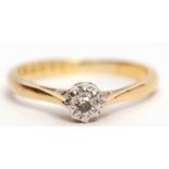 Single stone diamond ring, 0.08ct approx, raised in upswept shoulders, size J