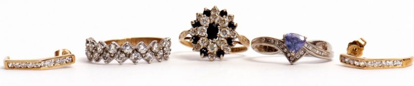 Mixed Lot: modern 9K stamped diamond highlighted ring, two 9ct gold paste dress rings, together with