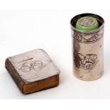 Edwardian small cylindrical bottle sleeve embossed with angelic choir (wear and minor dents),