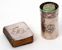 Edwardian small cylindrical bottle sleeve embossed with angelic choir (wear and minor dents),