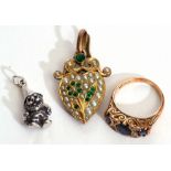 Mixed Lot: 9ct gold three blue stone ring, interspersed by four small diamonds, a vintage gilt metal