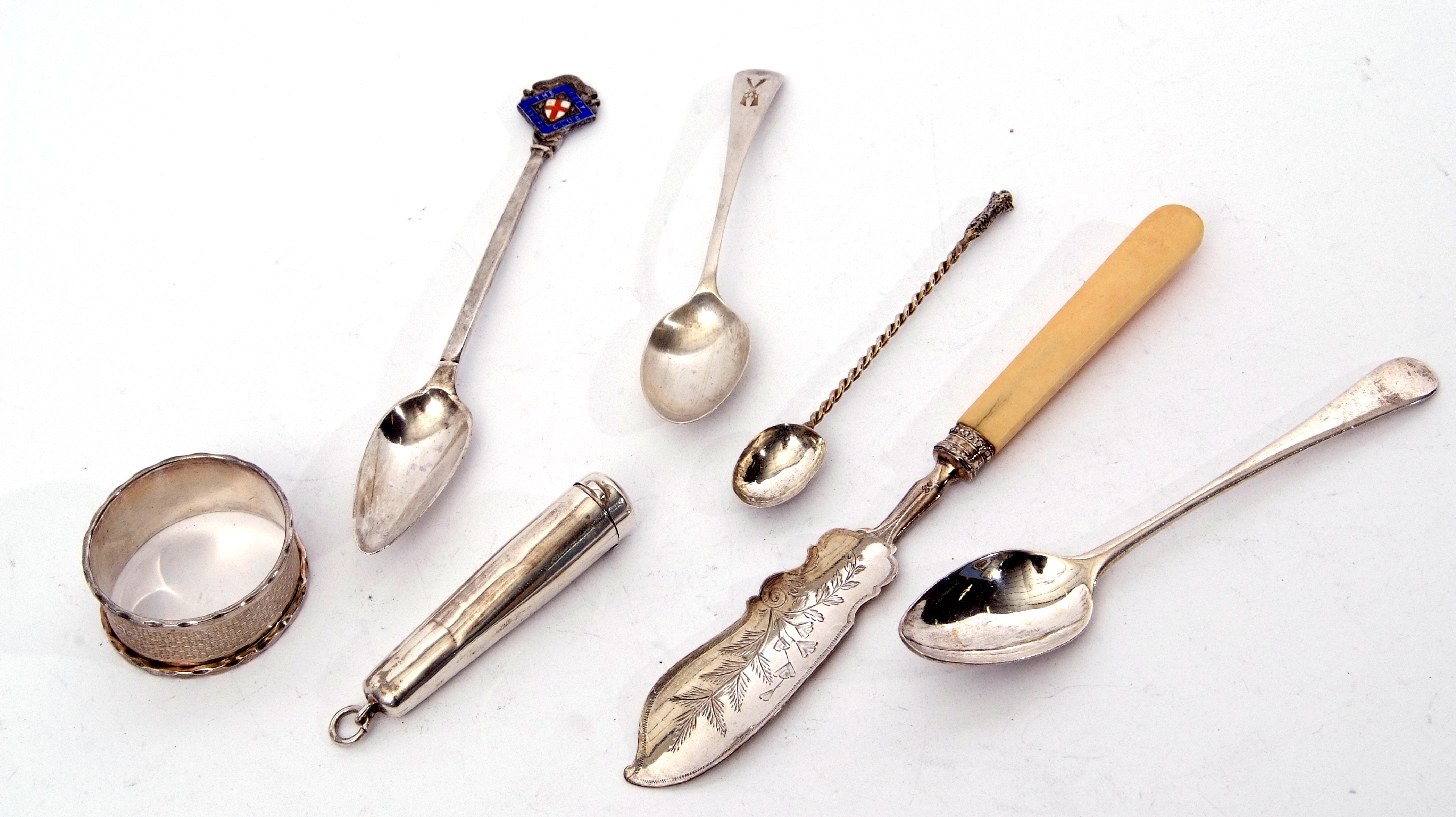 Mixed group: three hallmarked silver tea/coffee spoons, a Victorian butter knife, Birmingham 1874 by