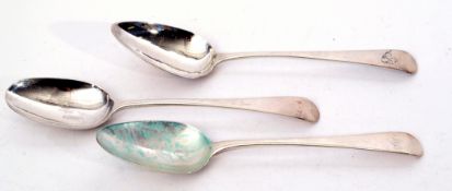Group of three Georgian table spoons in Old English pattern, various dates and makers, 176gms
