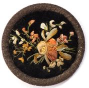 Vintage hand embroidered brooch/pin, highlighted with a bouquet of cream, orange and yellow flowers,