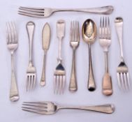 Mixed Lot: Georgian and later flatwares including a table fork, seven dessert forks, large tea spoon