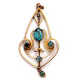 9ct stamped Art Nouveau open work scroll pendant, set with 5 blue stones and one seed pearl