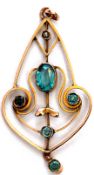 9ct stamped Art Nouveau open work scroll pendant, set with 5 blue stones and one seed pearl
