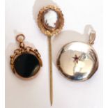 Mixed Lot: Victorian bloodstone in a 9ct gold mount, an antique stick pin with a hardstone cameo