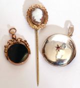 Mixed Lot: Victorian bloodstone in a 9ct gold mount, an antique stick pin with a hardstone cameo