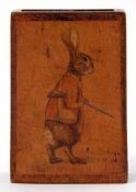 Early 20th century treen matchbox holder, the front painted with an image of a gamekeeper rabbit