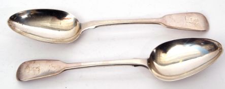Pair of George IV table spoons in Fiddle pattern, London 1827 by J E Terrey & Co, 144gms total