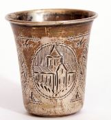 Russian white metal vodka cup of slightly tapering cylindrical form, engraved with panels of foliate