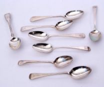 Group of six Georgian dessert spoons in Old English pattern, together with two Fiddle pattern