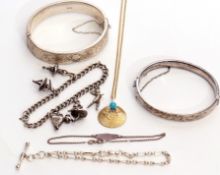 Mixed Lot: two hallmarked silver hinged bracelets, part engraved, two white metal chains, together