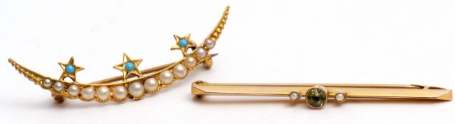 Mixed Lot: peridot and seed pearl bar brooch, individually bevelled and millegrain set on a plain