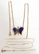 Lapis lazuli butterfly pendant necklace, the lapis wings framed in a 750 stamped mount, suspended