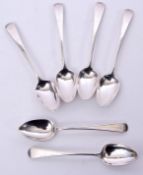 Set of six George III tea spoons in Fiddle pattern, London 1802, maker WE, 96gms total (6)